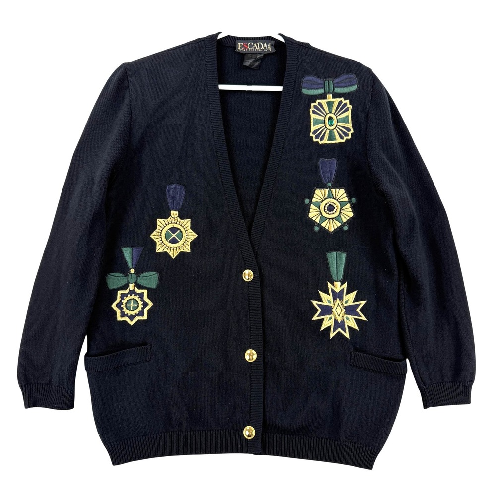 Vintage Escada Cardigan Sweater Womens 38 Black Wool Medal Embroidered 80s